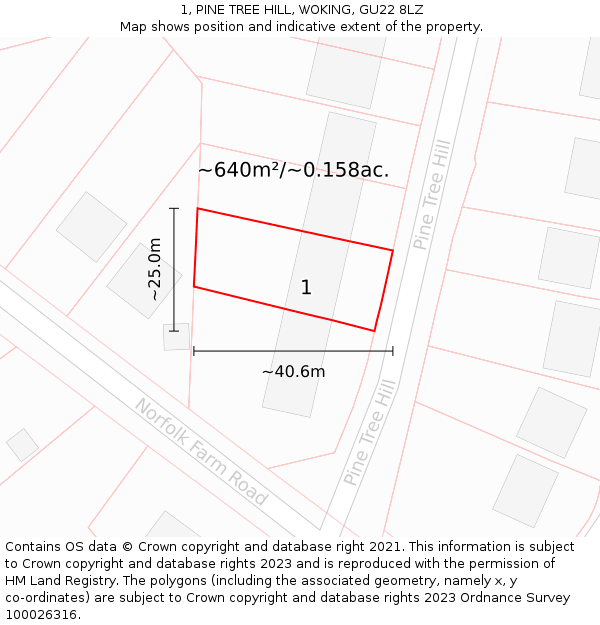 1, PINE TREE HILL, WOKING, GU22 8LZ: Plot and title map