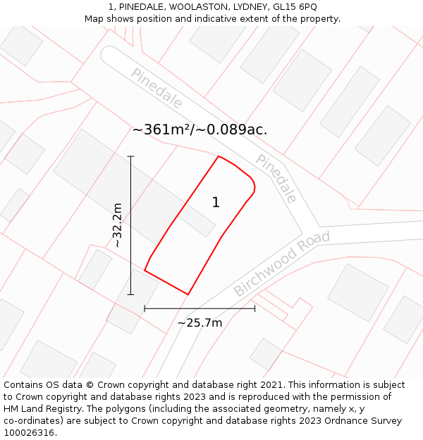 1, PINEDALE, WOOLASTON, LYDNEY, GL15 6PQ: Plot and title map