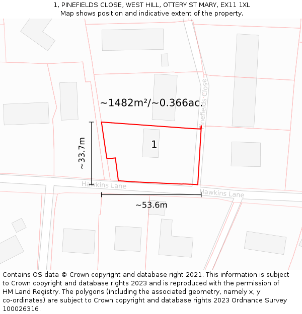 1, PINEFIELDS CLOSE, WEST HILL, OTTERY ST MARY, EX11 1XL: Plot and title map
