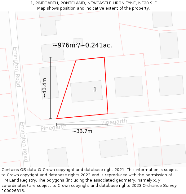 1, PINEGARTH, PONTELAND, NEWCASTLE UPON TYNE, NE20 9LF: Plot and title map