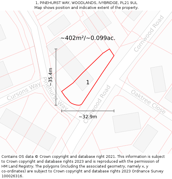 1, PINEHURST WAY, WOODLANDS, IVYBRIDGE, PL21 9UL: Plot and title map