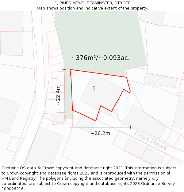 1, PINES MEWS, BEAMINSTER, DT8 3EF: Plot and title map