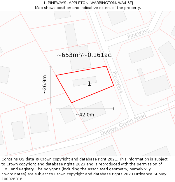1, PINEWAYS, APPLETON, WARRINGTON, WA4 5EJ: Plot and title map