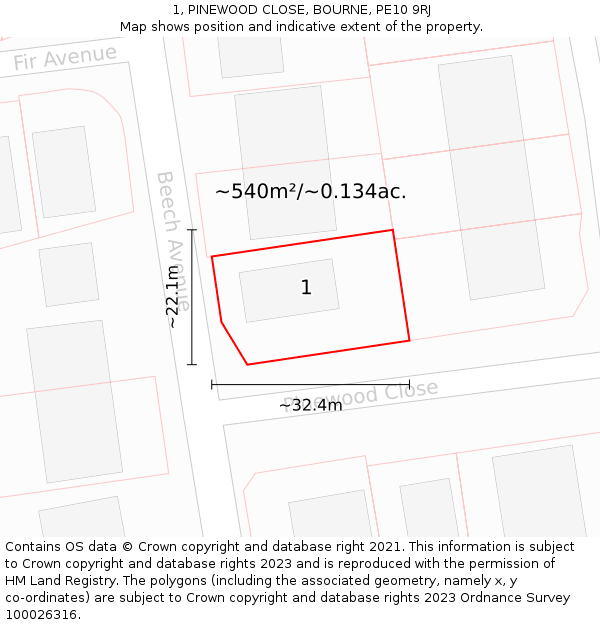 1, PINEWOOD CLOSE, BOURNE, PE10 9RJ: Plot and title map