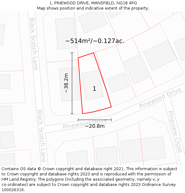1, PINEWOOD DRIVE, MANSFIELD, NG18 4PG: Plot and title map