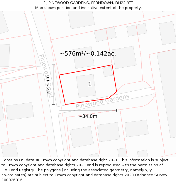 1, PINEWOOD GARDENS, FERNDOWN, BH22 9TT: Plot and title map