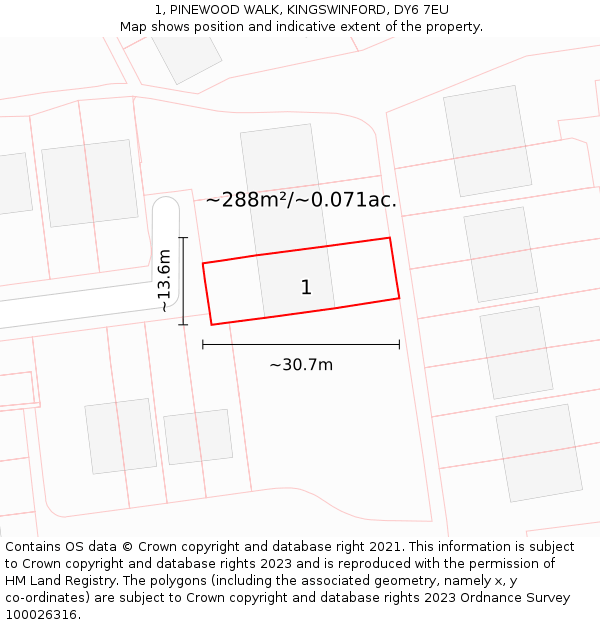 1, PINEWOOD WALK, KINGSWINFORD, DY6 7EU: Plot and title map