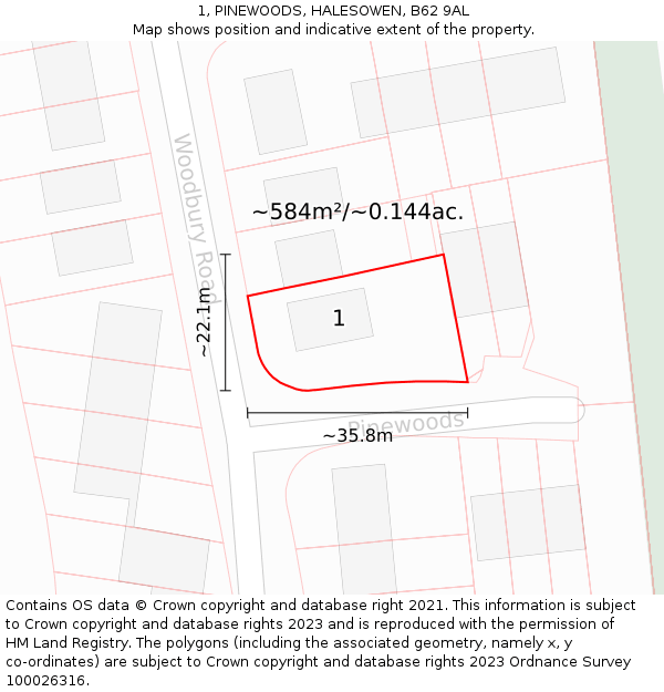 1, PINEWOODS, HALESOWEN, B62 9AL: Plot and title map