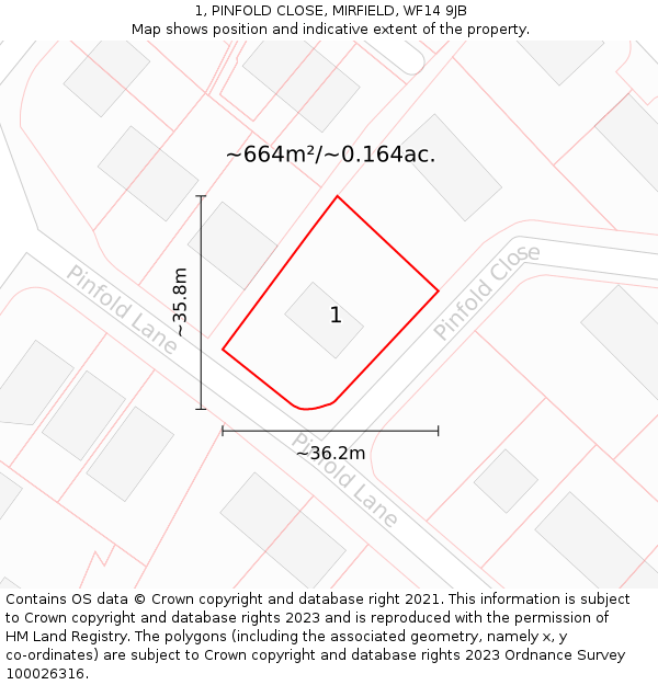 1, PINFOLD CLOSE, MIRFIELD, WF14 9JB: Plot and title map