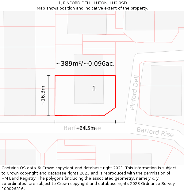 1, PINFORD DELL, LUTON, LU2 9SD: Plot and title map