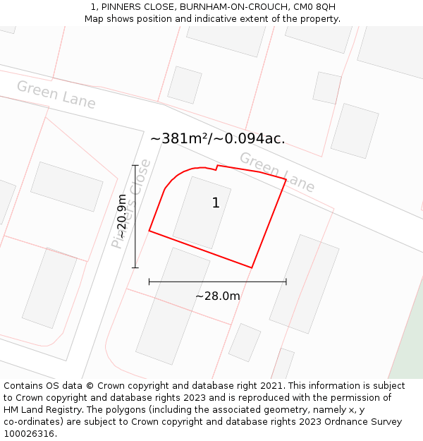 1, PINNERS CLOSE, BURNHAM-ON-CROUCH, CM0 8QH: Plot and title map