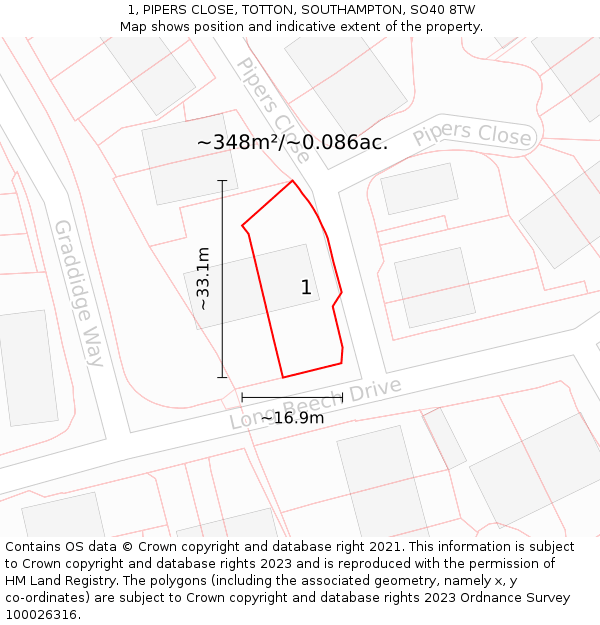 1, PIPERS CLOSE, TOTTON, SOUTHAMPTON, SO40 8TW: Plot and title map
