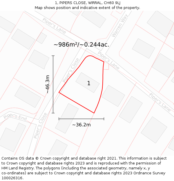 1, PIPERS CLOSE, WIRRAL, CH60 9LJ: Plot and title map