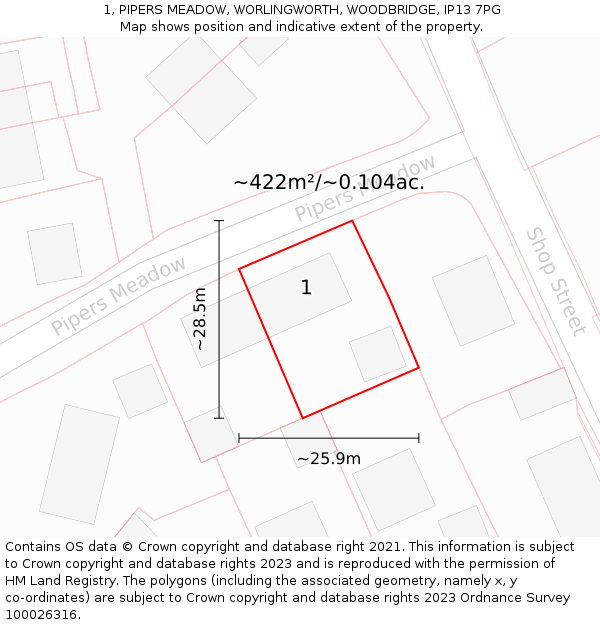 1, PIPERS MEADOW, WORLINGWORTH, WOODBRIDGE, IP13 7PG: Plot and title map