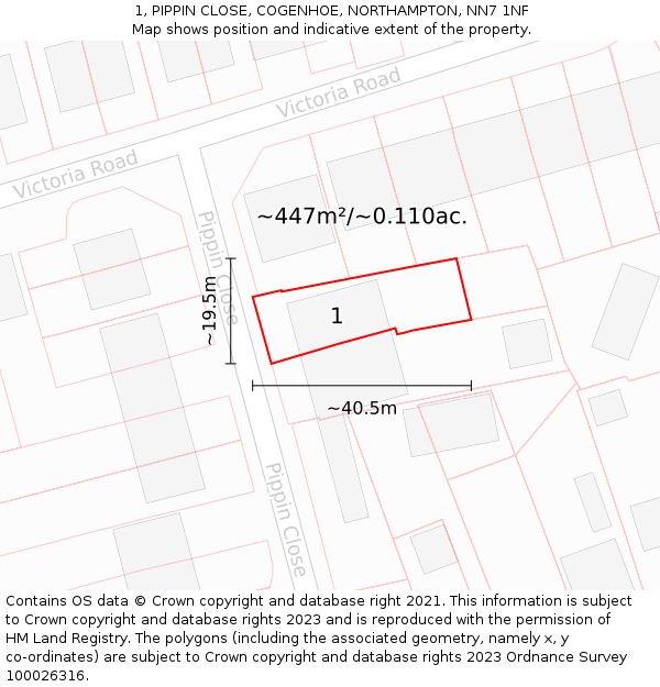 1, PIPPIN CLOSE, COGENHOE, NORTHAMPTON, NN7 1NF: Plot and title map