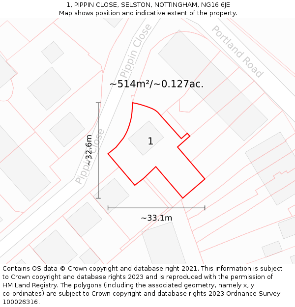 1, PIPPIN CLOSE, SELSTON, NOTTINGHAM, NG16 6JE: Plot and title map