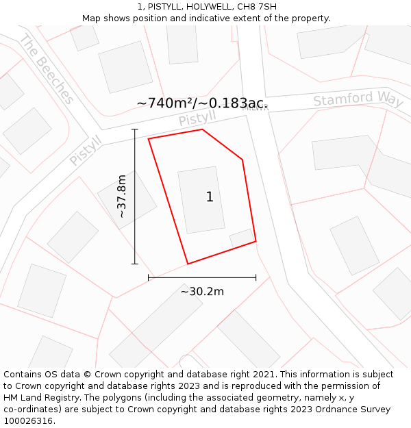 1, PISTYLL, HOLYWELL, CH8 7SH: Plot and title map