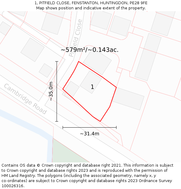 1, PITFIELD CLOSE, FENSTANTON, HUNTINGDON, PE28 9FE: Plot and title map
