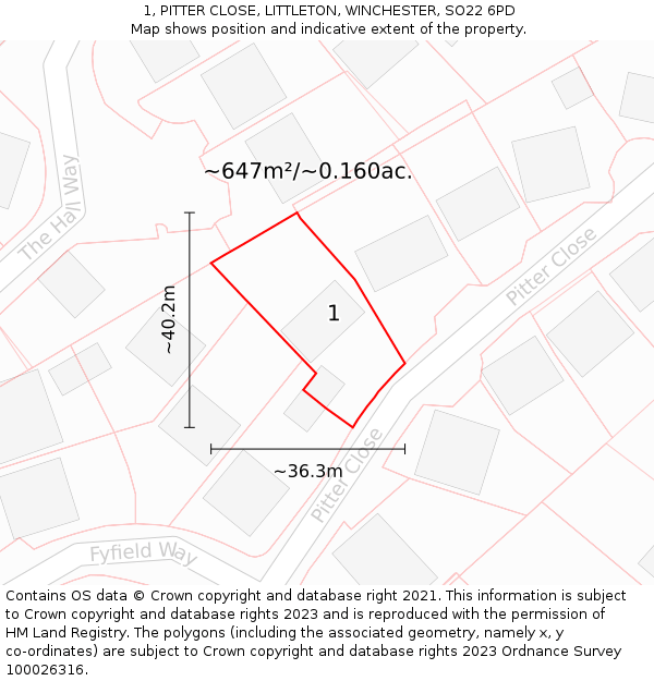 1, PITTER CLOSE, LITTLETON, WINCHESTER, SO22 6PD: Plot and title map