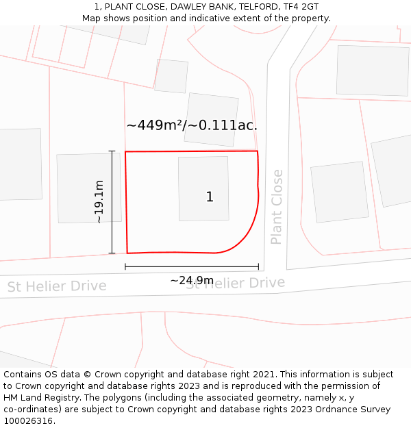 1, PLANT CLOSE, DAWLEY BANK, TELFORD, TF4 2GT: Plot and title map