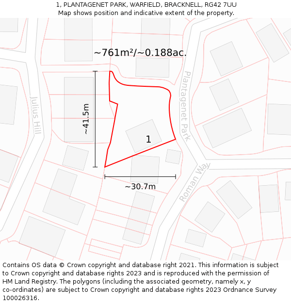 1, PLANTAGENET PARK, WARFIELD, BRACKNELL, RG42 7UU: Plot and title map
