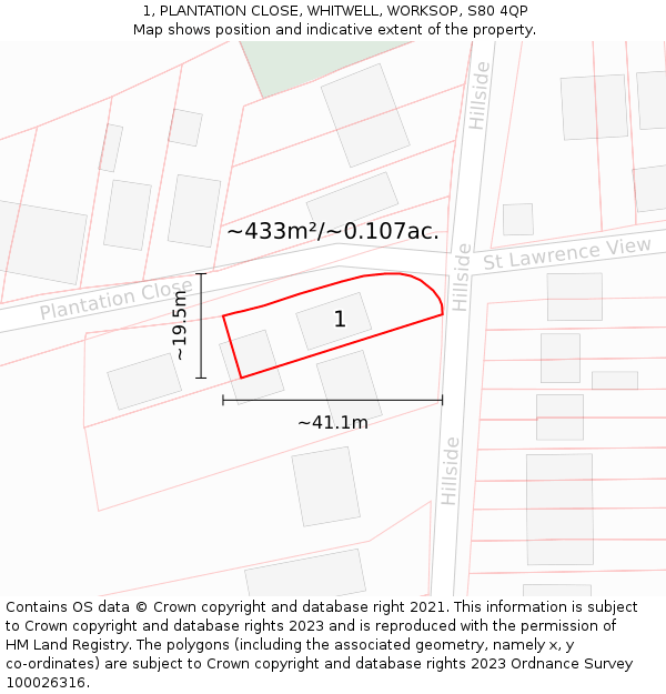 1, PLANTATION CLOSE, WHITWELL, WORKSOP, S80 4QP: Plot and title map