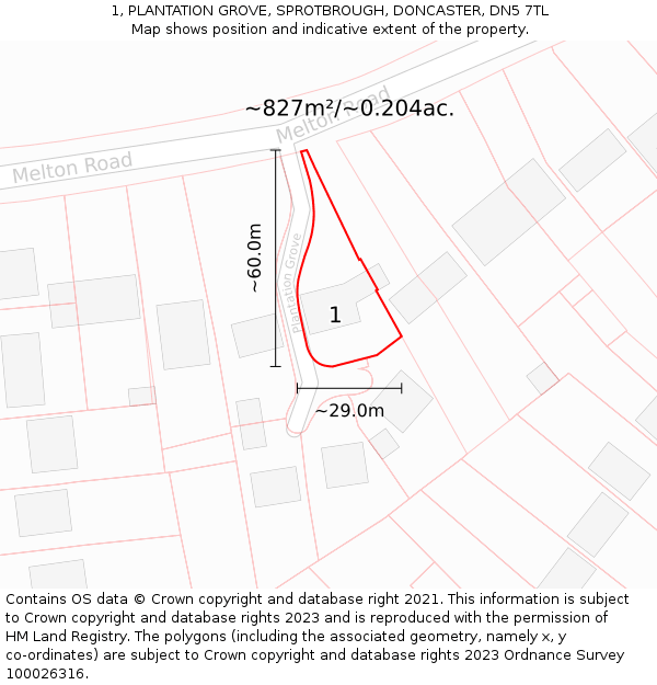1, PLANTATION GROVE, SPROTBROUGH, DONCASTER, DN5 7TL: Plot and title map