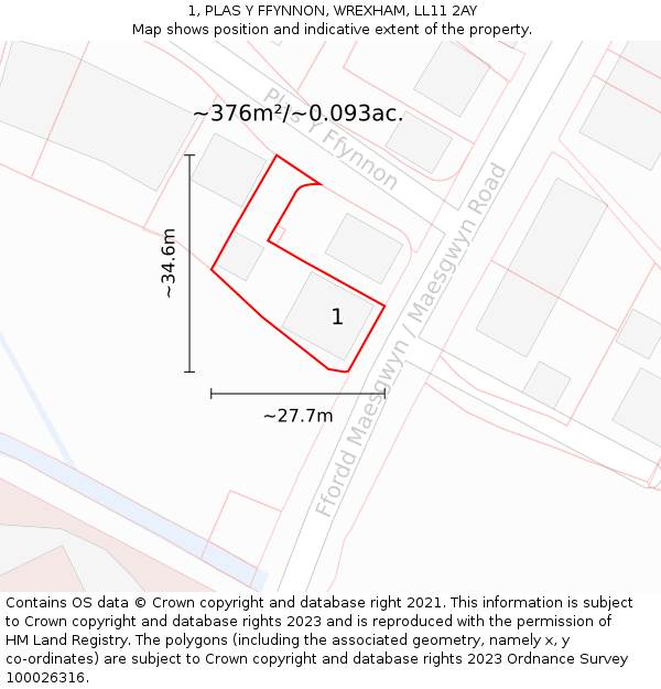 1, PLAS Y FFYNNON, WREXHAM, LL11 2AY: Plot and title map