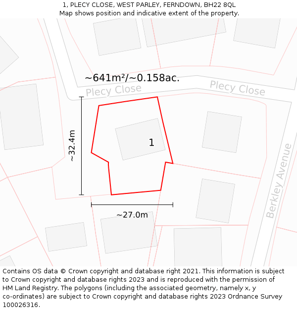1, PLECY CLOSE, WEST PARLEY, FERNDOWN, BH22 8QL: Plot and title map