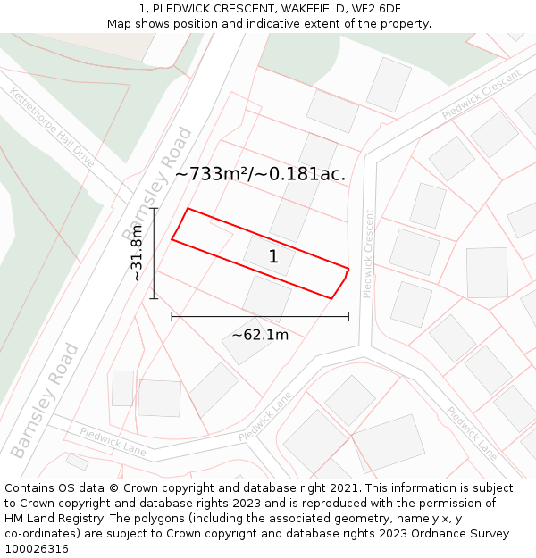 1, PLEDWICK CRESCENT, WAKEFIELD, WF2 6DF: Plot and title map