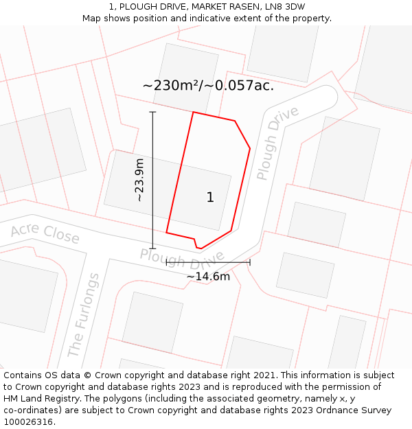 1, PLOUGH DRIVE, MARKET RASEN, LN8 3DW: Plot and title map