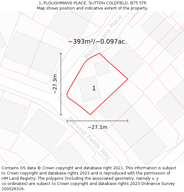 1, PLOUGHMANS PLACE, SUTTON COLDFIELD, B75 5TR: Plot and title map