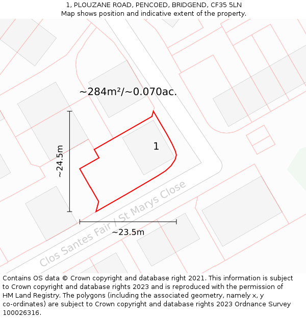1, PLOUZANE ROAD, PENCOED, BRIDGEND, CF35 5LN: Plot and title map