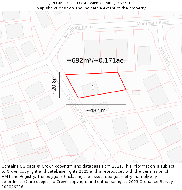 1, PLUM TREE CLOSE, WINSCOMBE, BS25 1HU: Plot and title map