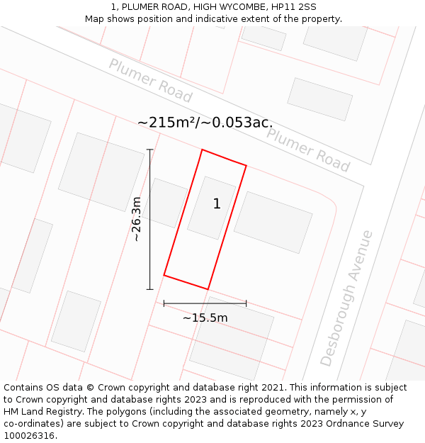1, PLUMER ROAD, HIGH WYCOMBE, HP11 2SS: Plot and title map