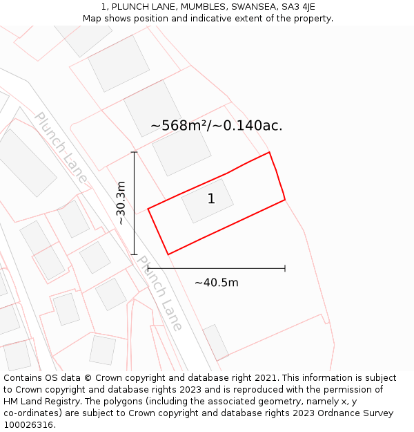 1, PLUNCH LANE, MUMBLES, SWANSEA, SA3 4JE: Plot and title map