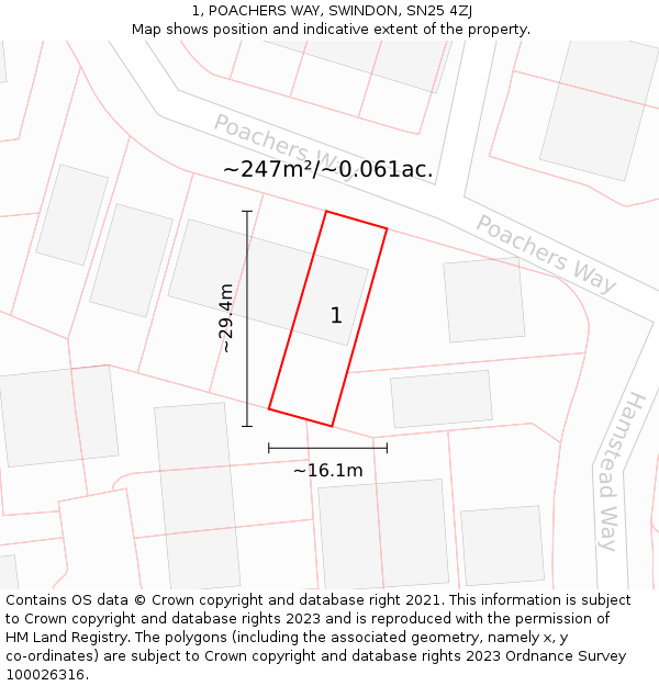 1, POACHERS WAY, SWINDON, SN25 4ZJ: Plot and title map
