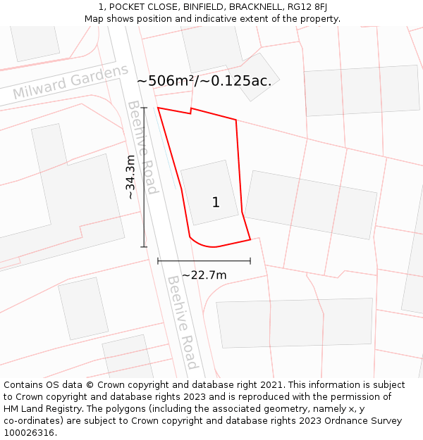 1, POCKET CLOSE, BINFIELD, BRACKNELL, RG12 8FJ: Plot and title map