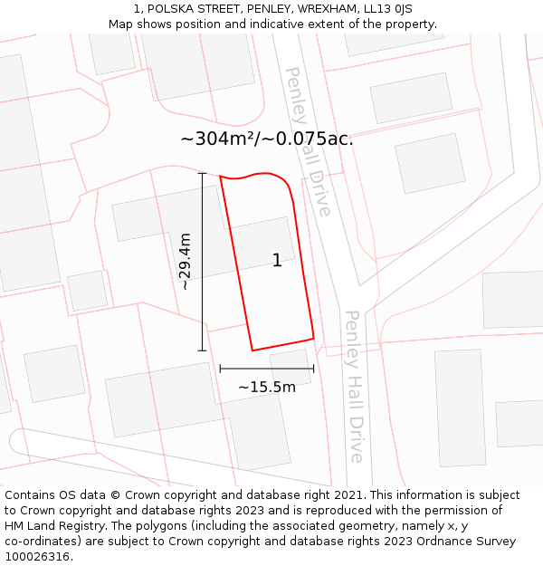 1, POLSKA STREET, PENLEY, WREXHAM, LL13 0JS: Plot and title map
