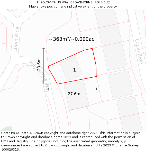 1, POLYANTHUS WAY, CROWTHORNE, RG45 6UZ: Plot and title map