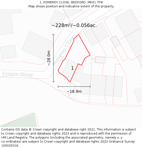 1, POMEROY CLOSE, BEDFORD, MK41 7FW: Plot and title map