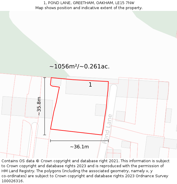 1, POND LANE, GREETHAM, OAKHAM, LE15 7NW: Plot and title map