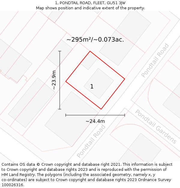 1, PONDTAIL ROAD, FLEET, GU51 3JW: Plot and title map