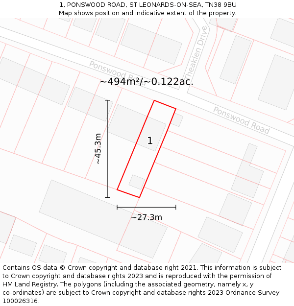 1, PONSWOOD ROAD, ST LEONARDS-ON-SEA, TN38 9BU: Plot and title map