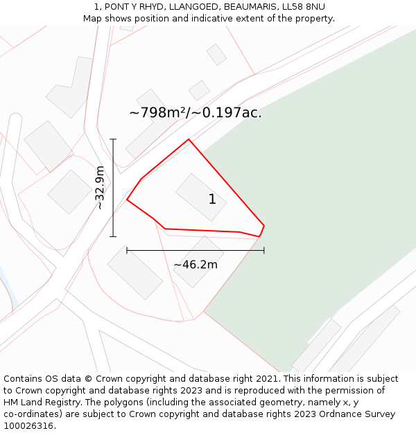 1, PONT Y RHYD, LLANGOED, BEAUMARIS, LL58 8NU: Plot and title map