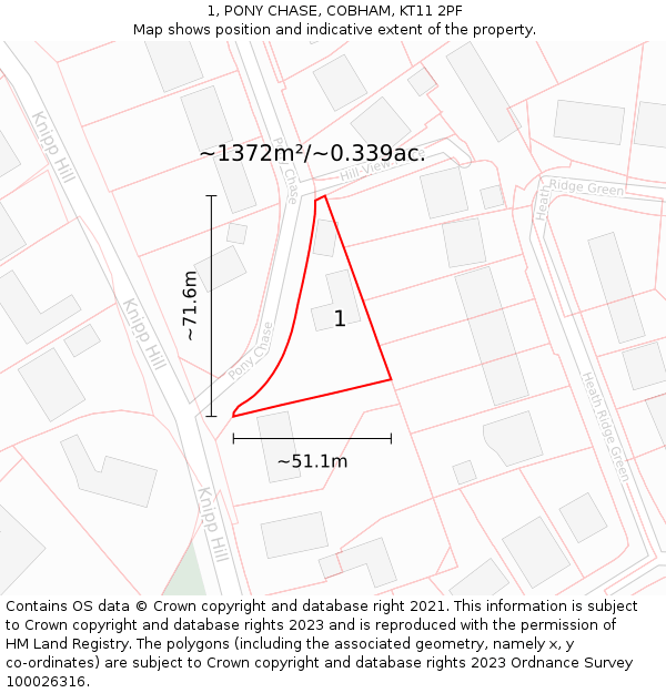 1, PONY CHASE, COBHAM, KT11 2PF: Plot and title map