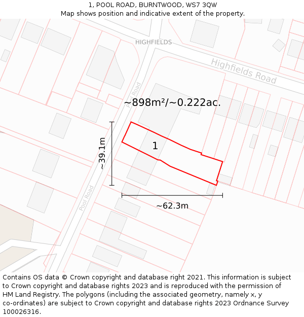 1, POOL ROAD, BURNTWOOD, WS7 3QW: Plot and title map