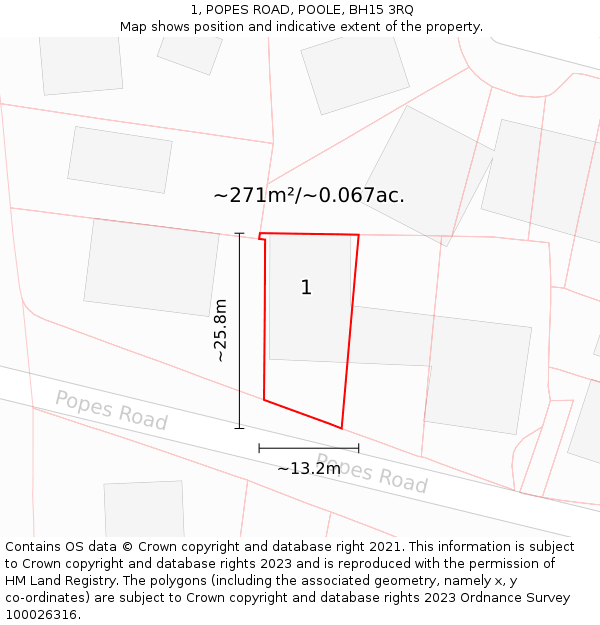 1, POPES ROAD, POOLE, BH15 3RQ: Plot and title map