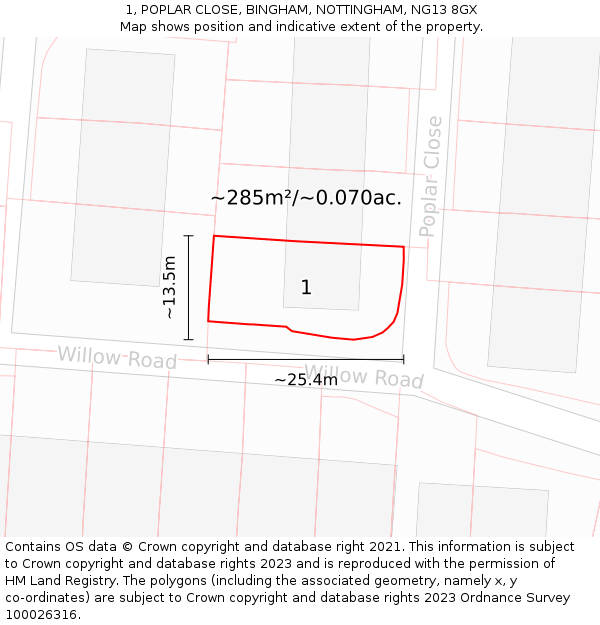1, POPLAR CLOSE, BINGHAM, NOTTINGHAM, NG13 8GX: Plot and title map