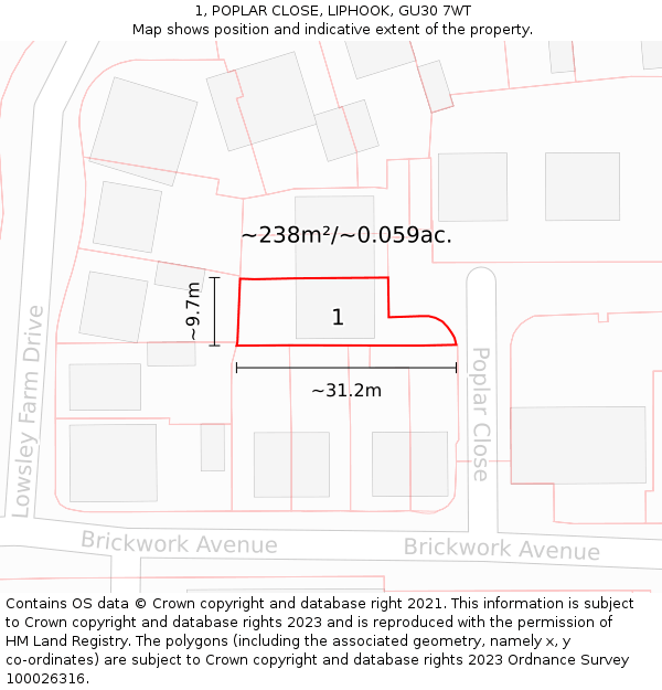 1, POPLAR CLOSE, LIPHOOK, GU30 7WT: Plot and title map